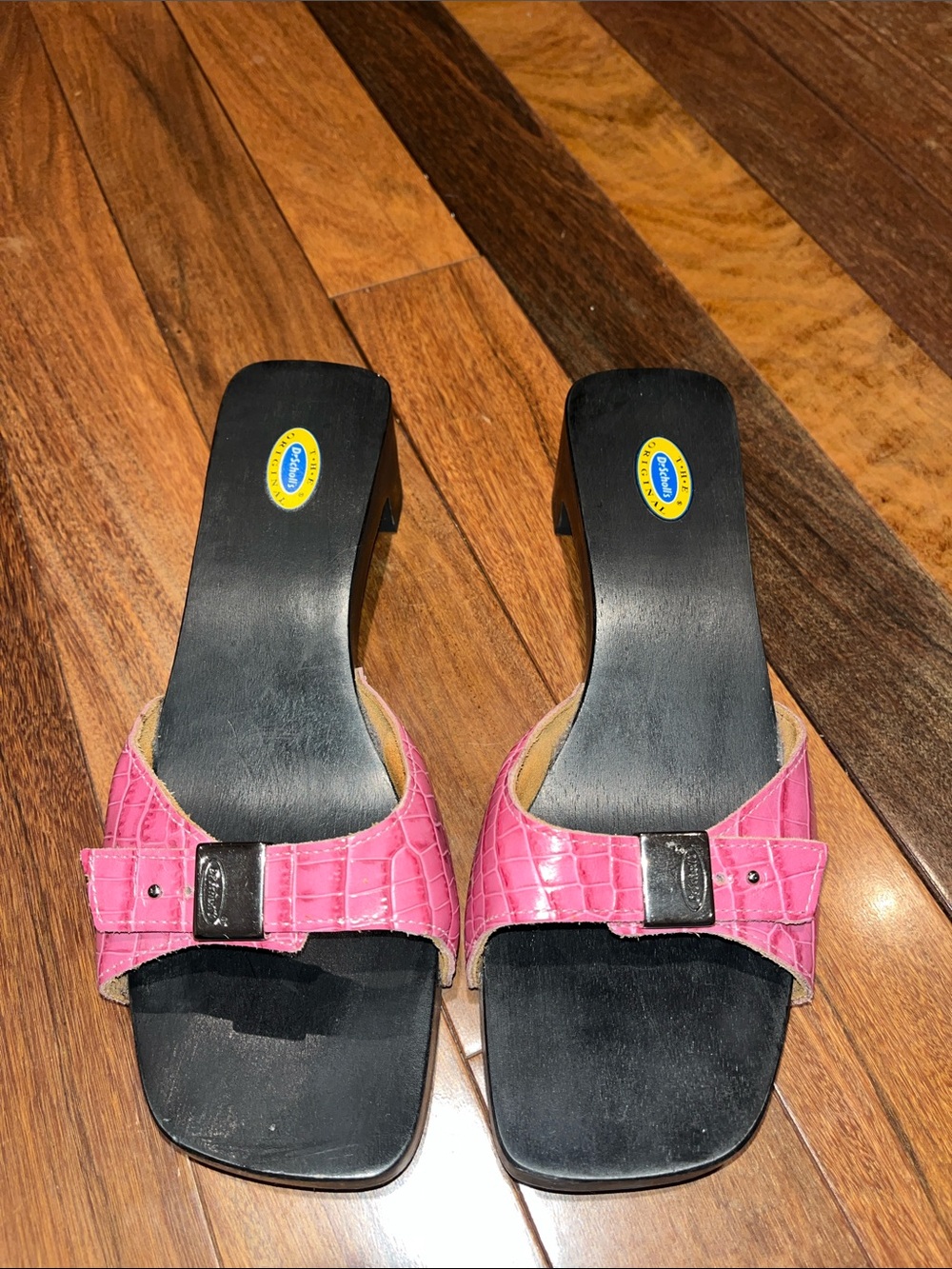 Dr. Scholl's Original Pink Croc-Embossed Slide Mules with Decorative Buckle